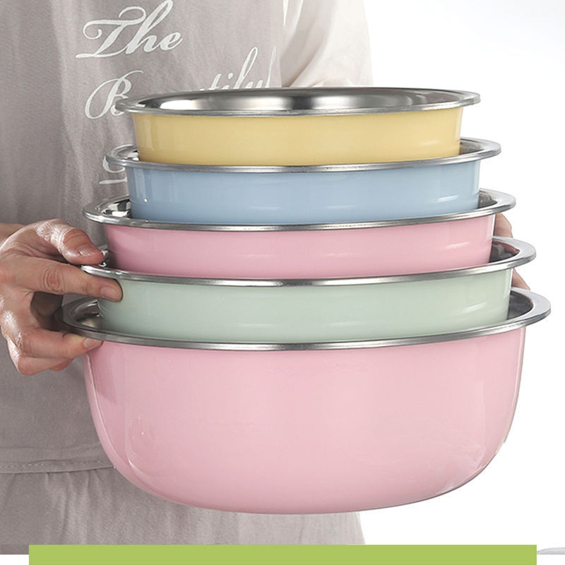 新品【不鏽鋼盆五件】圓形-加厚-廚房打蛋和麵洗菜盆--家用--臉盆-彩色湯盆子
