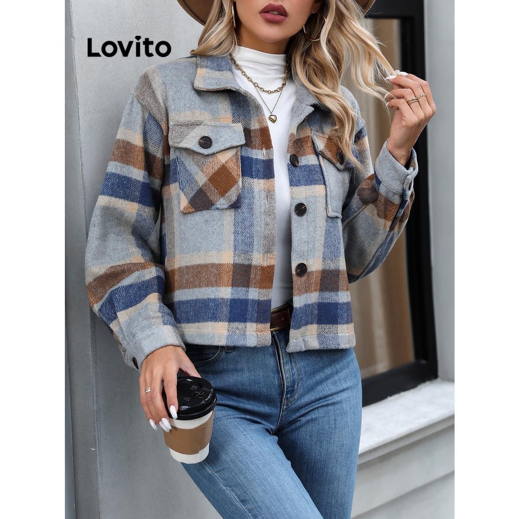 Lovito 女休閒格紋口袋外套 LNL52064