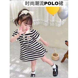 【iBaby】女童短袖polo領條紋洋裝 夏季兒童寶寶短袖裙 女童洋裝洋裝韓版寬鬆polo領黑白條紋洋裝