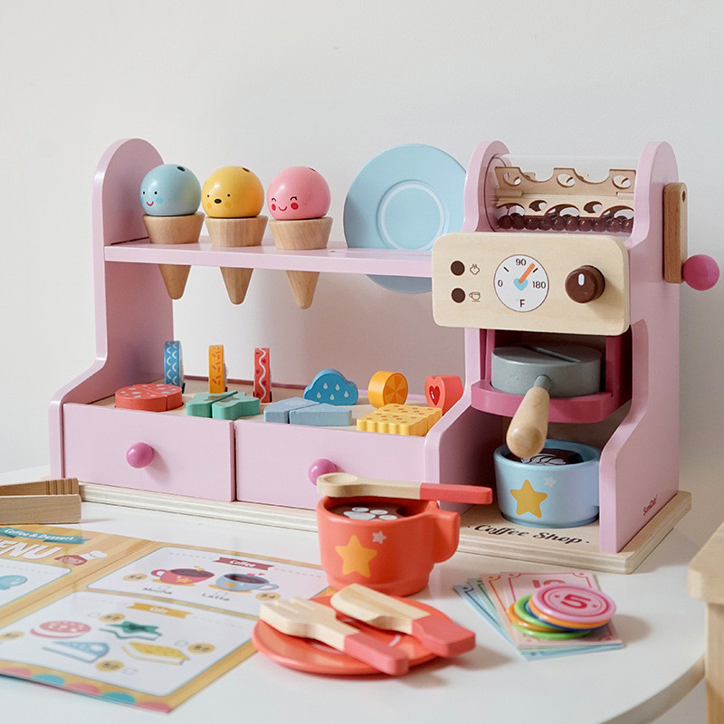 兒童冰淇淋玩具 木質雪糕店咖啡機 冰激凌組合 女孩過家家 生日禮物