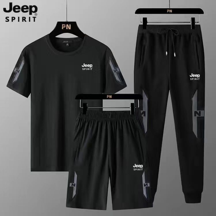 JEEP/吉普純棉套裝男士短袖T恤薄款大碼休閒運動套裝短褲三件套男 UCPV