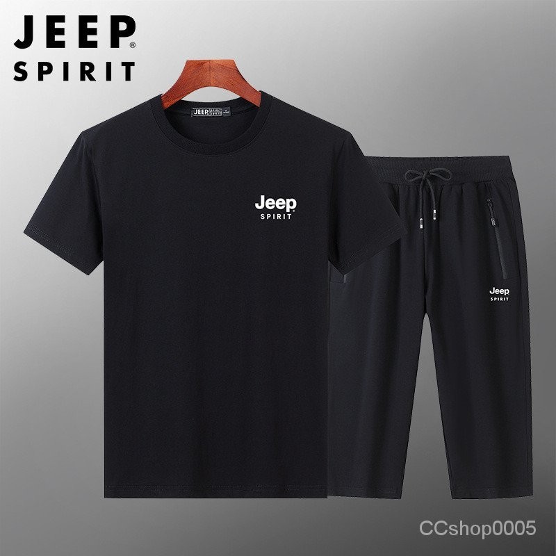 新品特價JEEP SPIRIT男士夏季短袖套裝休閒兩件套七分褲運動套裝90106171