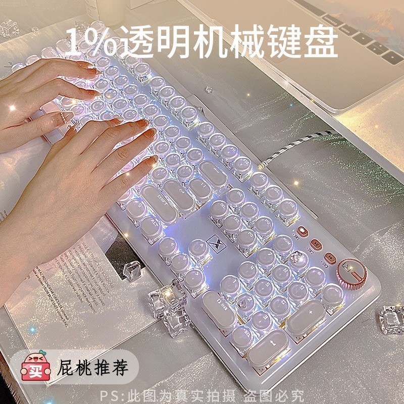 【台灣出貨】前行者K520 白冰塊朋克鍵盤 透明水晶 有線鍵盤 白光 青軸 遊戲 辦公 筆電鍵盤 美觀 機械鍵盤