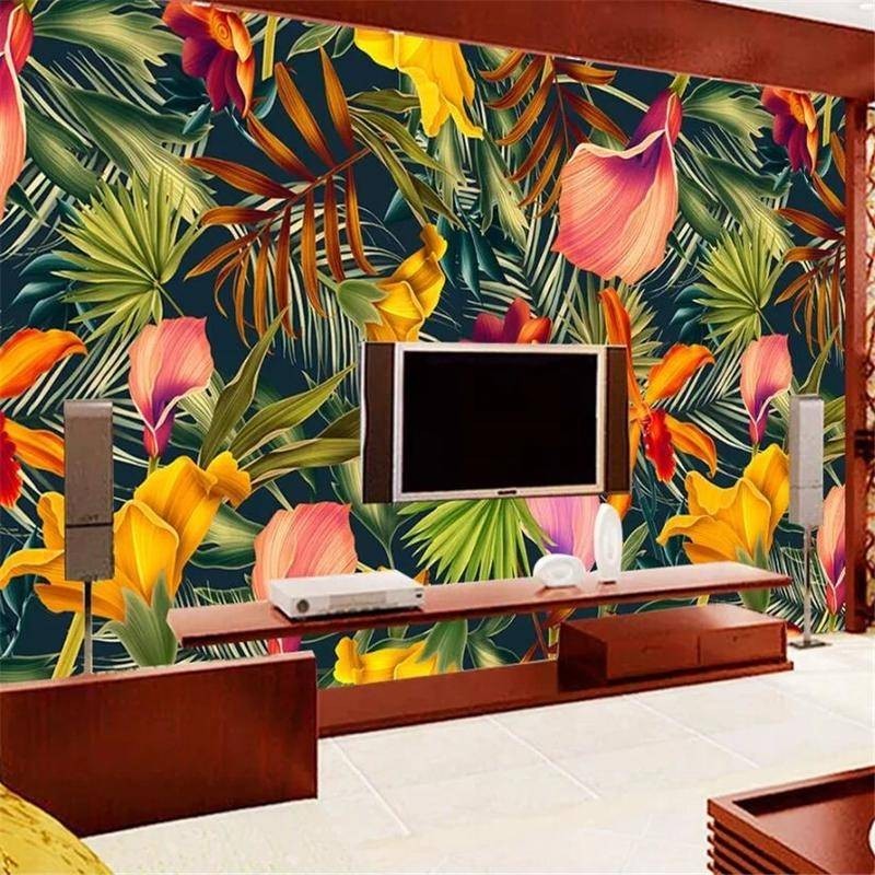 定制田園熱帶雨林植物照片壁畫客廳電視沙發背景牆紙3d壁紙貼紙