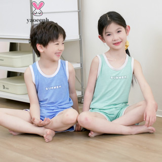 【YAOEENH】100-180CM 夏季兒童清爽素色背心套裝 中大男女童簡約無袖短褲家居服 現貨 快速出貨