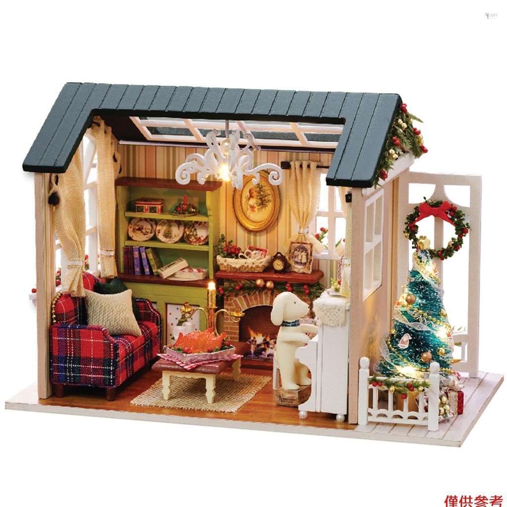 Yot DIY 聖誕微型娃娃屋套件逼真的迷你 3D 木製房屋房間工藝帶家具 LED 燈兒童節生日禮物聖誕裝飾