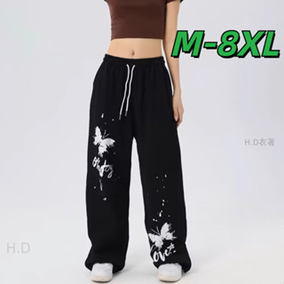 🔥48H出貨 M-8XL 韓版時尚蝴蝶寬褲男 女 大尺碼長褲 中性風 寬鬆休閒長褲 男生直筒褲 鬆緊腰抽繩綁帶運動褲
