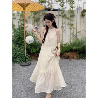 【HOT 本舖】 S-XL夏季女新款小個子復古蕾絲掛脖連衣裙子性感無袖裙 連衣裙 長裙 仙女裙 法式裙 裙子