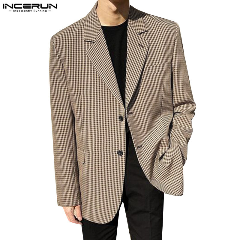 Incerun 男士韓版時尚格子圖案長袖休閒西裝外套