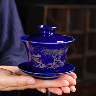 蓋碗 茶杯 茶碗 三才蓋碗 敬茶杯 功夫茶杯 供杯 霽藍陶瓷蓋碗描金三才蓋