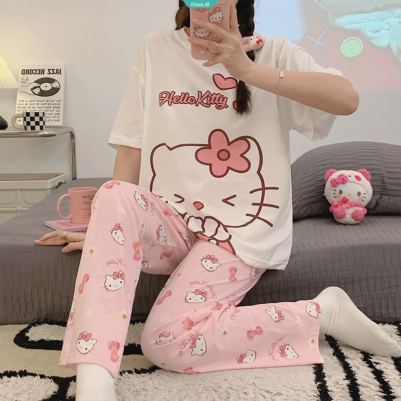 三麗鷗 Hello Kitty 設計圖案可愛風格睡衣女學生新款夏季寬鬆短袖長褲純棉薄款睡衣套裝【GM】