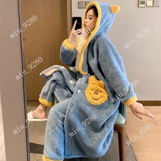 網紅維尼小熊中長款睡衣 鼕季睡袍 鞦鼕珊瑚絨可愛加絨加厚睡袍 ins風