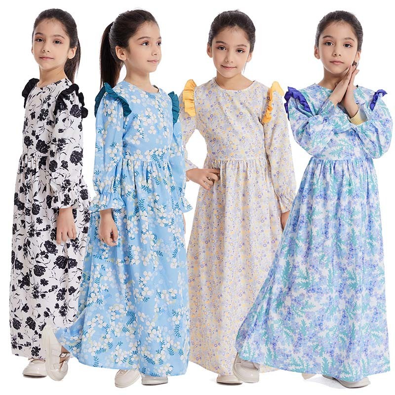 兒童穆斯林長袍花卉印花女孩長長裙土耳其阿拉伯卡夫坦伊斯蘭派對節日長袍禮服
