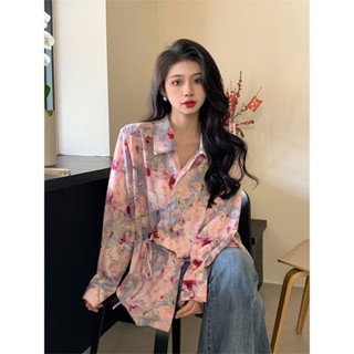 復古印花長袖襯衫女 2024夏裝新款 高階感收腰顯瘦設計感小眾上衣 時尚百搭polo領襯衣 氣質花襯衫
