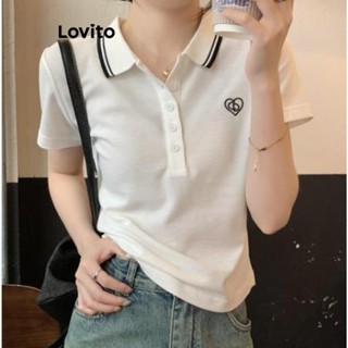 Lovito 女款休閒素色撞色鑲邊刺繡羈扣T恤 LNE42066