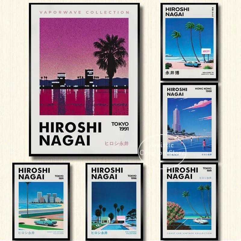 Hiroshi Nagai Vaporwave 日本海灘城市夏季牆壁藝術帆布繪畫版畫牆壁圖片北歐客廳裝飾海報