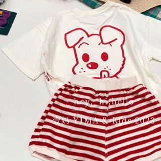 韓國童裝女童夏季可愛小熊套裝兒童洋氣純棉白T恤條紋短褲兩件套