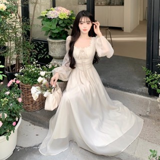 Miguo_法式桔梗方領連衣裙 大碼女裝 仙女氣質長裙子 質感高級感洋裝 大尺碼洋裝 M-4XL