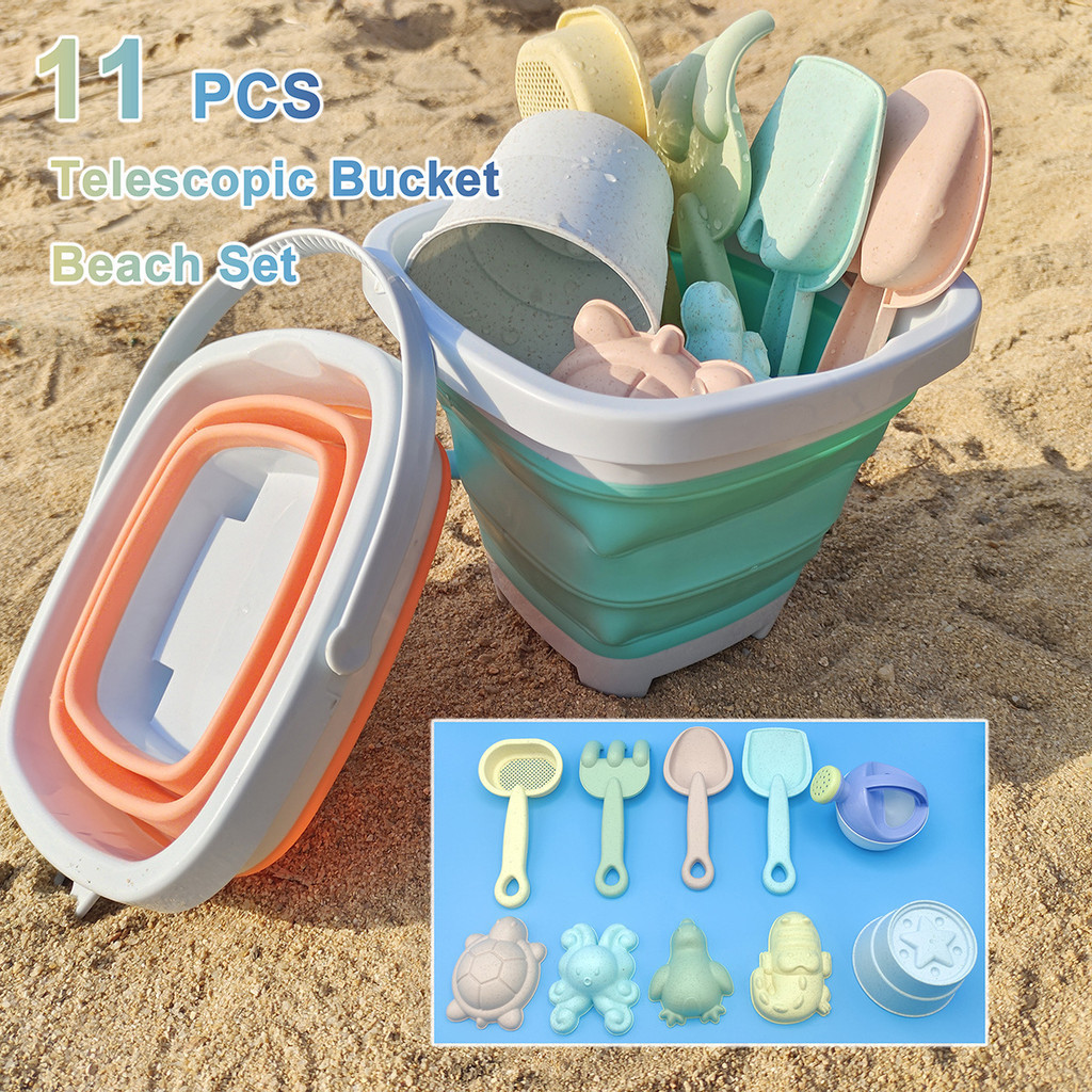 沙灘玩具套裝新款戲水沙灘摺疊桶挖沙鏟子兒童海邊玩沙工具套裝