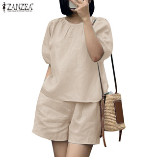 Zanzea 女式韓版圓領百褶燈籠袖鬆緊腰帶口袋上衣短褲