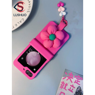 SAMSUNG Lushuo 手機殼適用於三星 Galaxy Z Flip 6 5 4 3 可愛 3D 花朵玫瑰紅硬 P