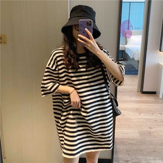 100kg大尺碼女裝 ·臺灣出貨· 寬鬆慵懶風條紋短袖T恤 夏季韓版中長款上衣 透氣舒適 【柔嘉女衣◆】