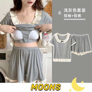 Moons⭐莫代爾帶胸墊睡衣女套裝 少女簡約休閑居家服 短袖短褲睡衣女 學生睡衣 女生睡衣夏天睡衣女 可愛睡衣 棉質睡衣