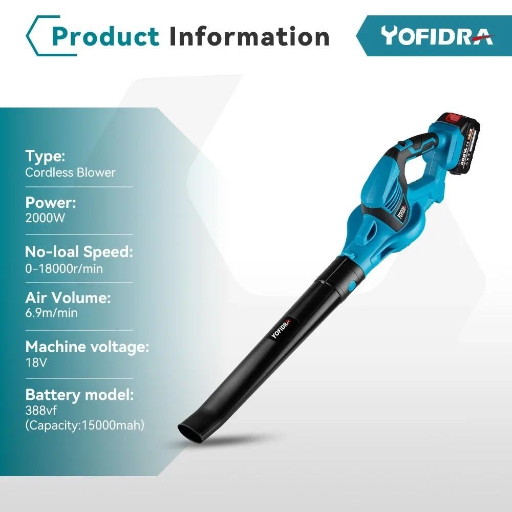 Yofidra 無繩電動鼓風機帶 1/2 電池吹葉機雪塵鼓風機花園電動工具牧田 18V 電池