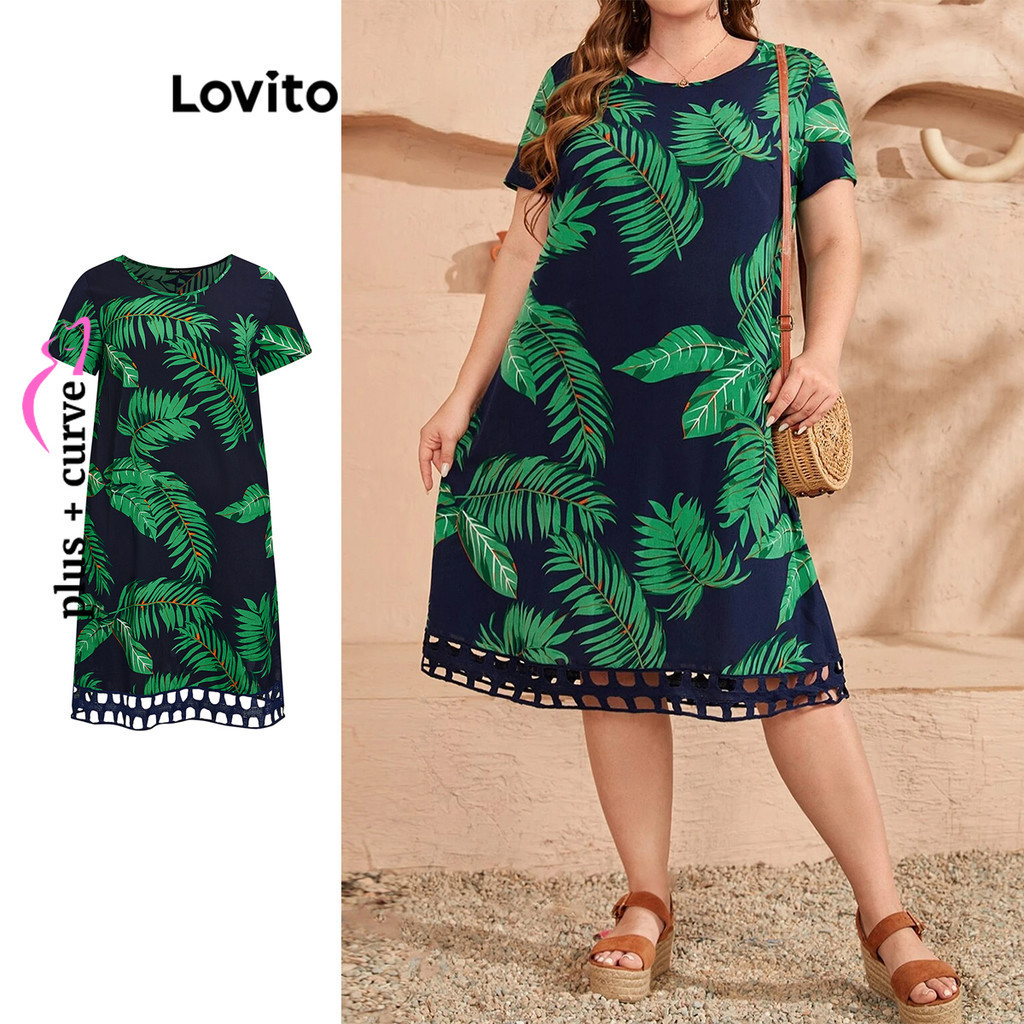 Lovito 大尺碼女款波西米亞熱帶風情撞色細肩帶連身裙 LBL08471