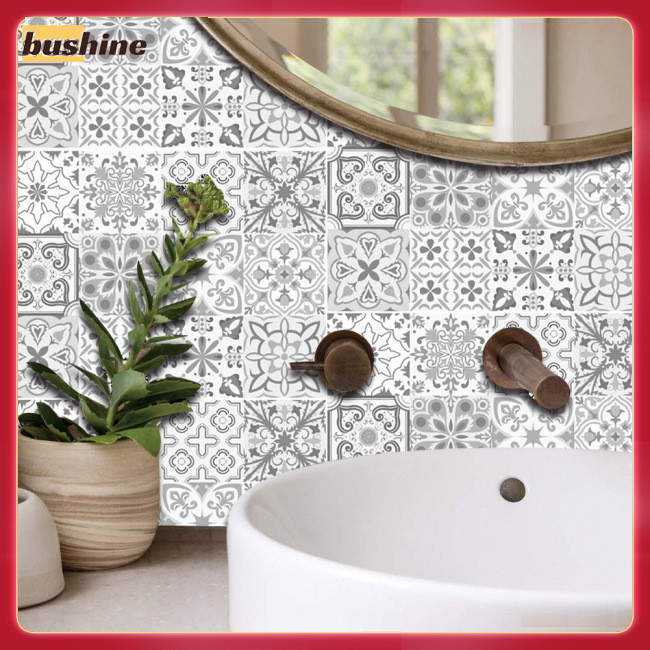 Bushine 12張Pvc復古瓷磚牆貼自粘廚房浴室防水裝飾壁紙