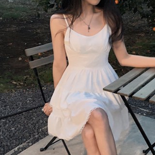 【洋裝】DayDay少女｜韓國 ins 白色法式吊帶洋裝女 夏季氣質裙子 花邊無袖蛋糕裙
