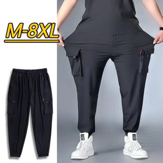 🔥48H出貨 M-8XL 工裝褲男 超大尺碼 顯瘦 彈力 長褲 多口袋 耐磨工作褲 休閒運動褲 緊身束口褲 鬆緊帶 縮口
