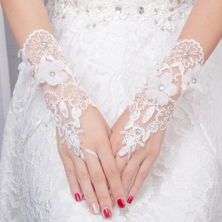 新娘結婚手套 蕾絲露手背勾指花朵鑽飾婚禮儀手套 1050