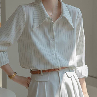 春季法式條紋長袖襯衫女裝設計感小眾通勤職業襯衫