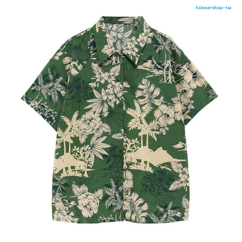[HIBE] 綠色短袖襯衫男夏季薄款復古休閒襯衫夏威夷旅遊碎花沙灘花襯衫