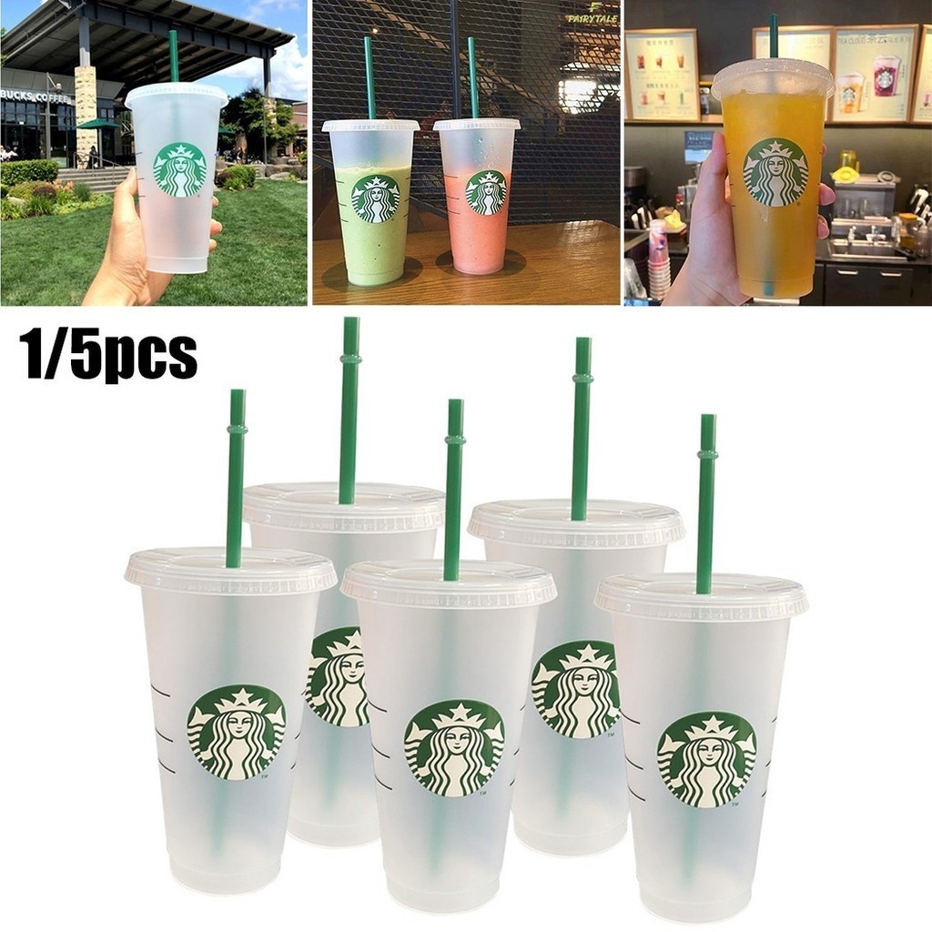 STARBUCKS 拿來| 1/5pcs星巴克塑料吸管杯帶蓋透明水杯綠色吸管