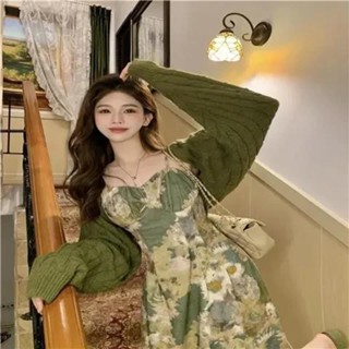 🌟Lovely愛出貨🌟溫柔風時尚套裝女春季2024新款碎花吊帶連衣裙+長袖披肩毛衣外套