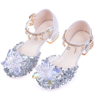女童水晶公主鞋 灰姑娘水晶鞋 銀色宴會公主鞋 皮鞋 兒童高跟鞋
