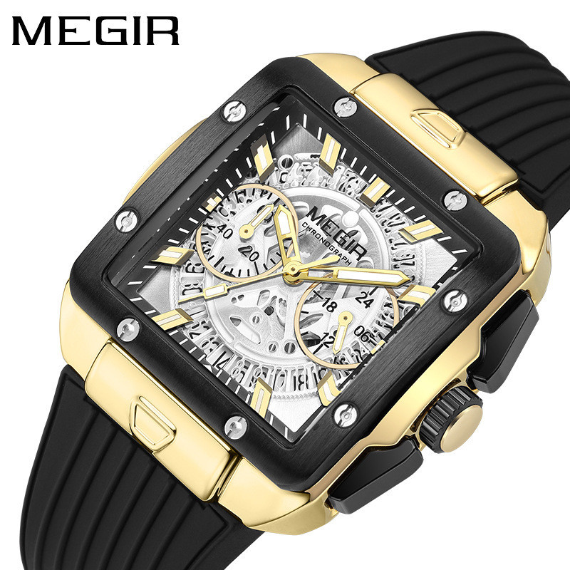 MEGIR新款方形男士手錶  矽膠錶帶時尚多功能計時運動 石英手錶男 2228G