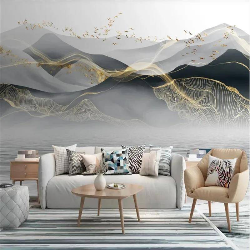 定制中式現代輕奢家居裝飾3d壁畫壁紙抽像水墨風景背景牆紙