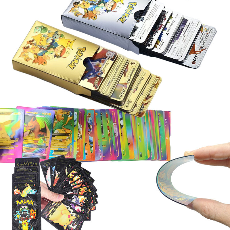 55 件套口袋妖怪卡片皮卡丘噴火龍金箔銀色 Vmax GX 能量紙牌遊戲系列兒童玩具