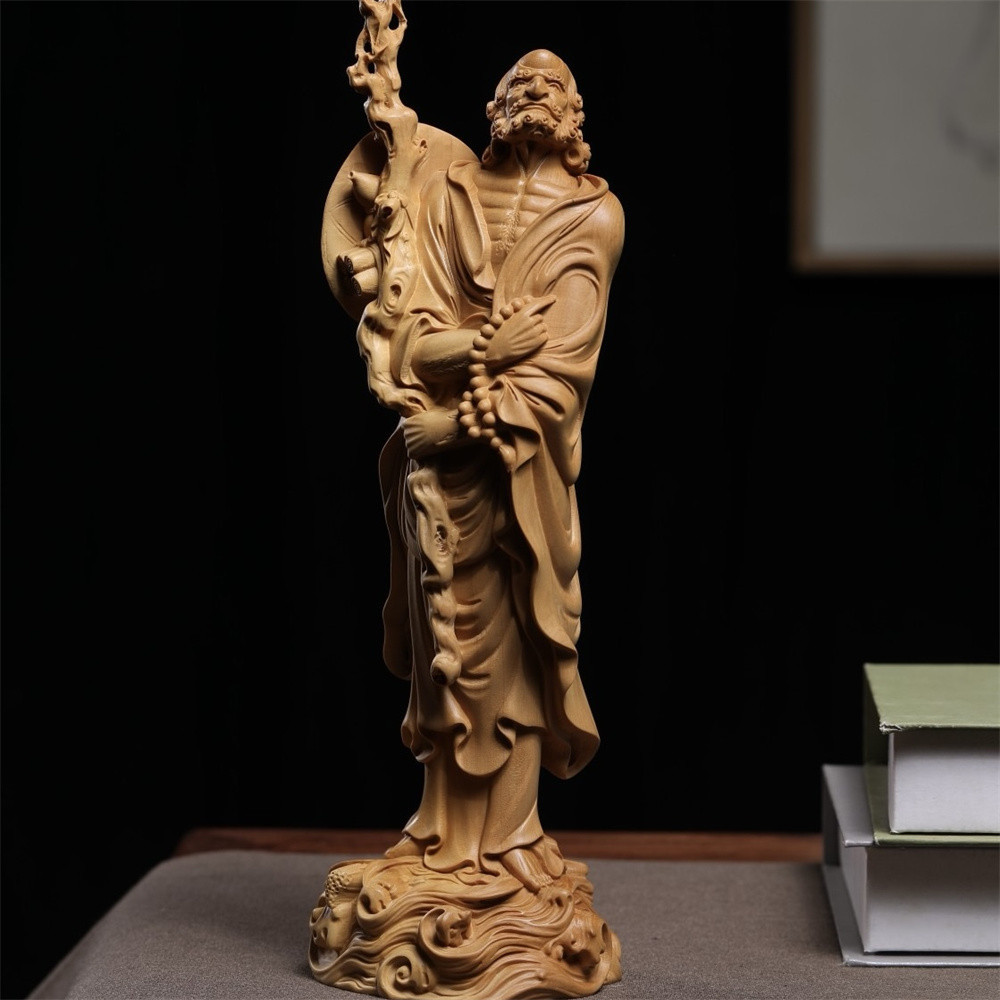 小葉黃楊木雕渡江達摩祖師爺人物神像擺件實木家居客廳電視櫃裝飾