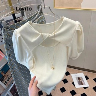 Lovito 女士休閒素色鏤空結飾 T 恤 LNA53256