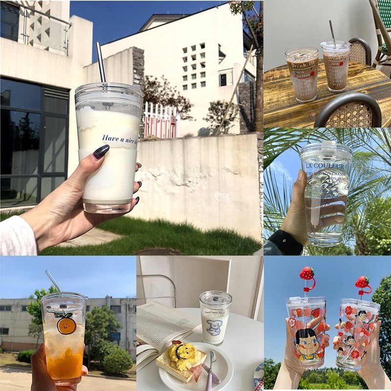 COCO五件套  韓國插畫 玻璃杯 軟綿綿雲朵杯橘子字母 帶吸管隔熱耐熱水杯 牛奶 咖啡 水杯 杯子