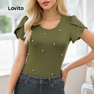 Lovito 女用優雅素色珍珠尖刺圓形 T恤 LBL19125