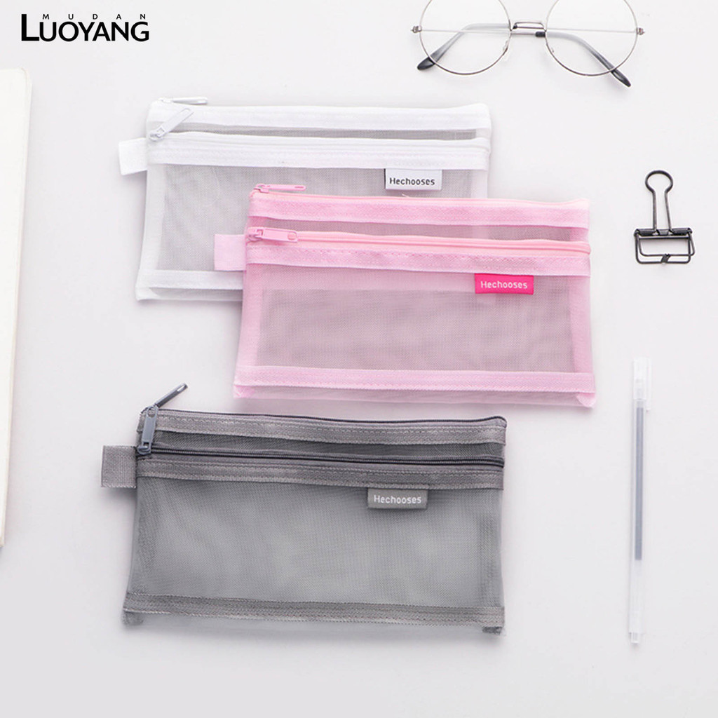 洛陽牡丹 簡約透明創意筆袋文具袋化妝袋日韓風考試袋雙層網紗袋收納袋