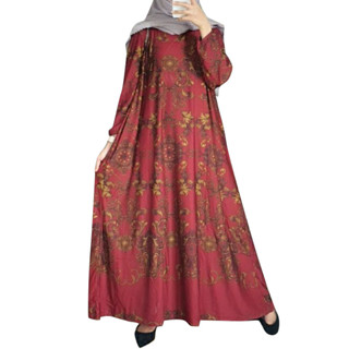 Hijabista 女士穆斯林圓領寬鬆長袖後領開衩印花連衣裙