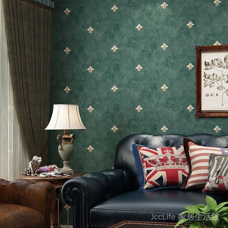 【免膠】美式田園風墨綠色壁紙復古歐式臥室客廳電視背景牆壁紙