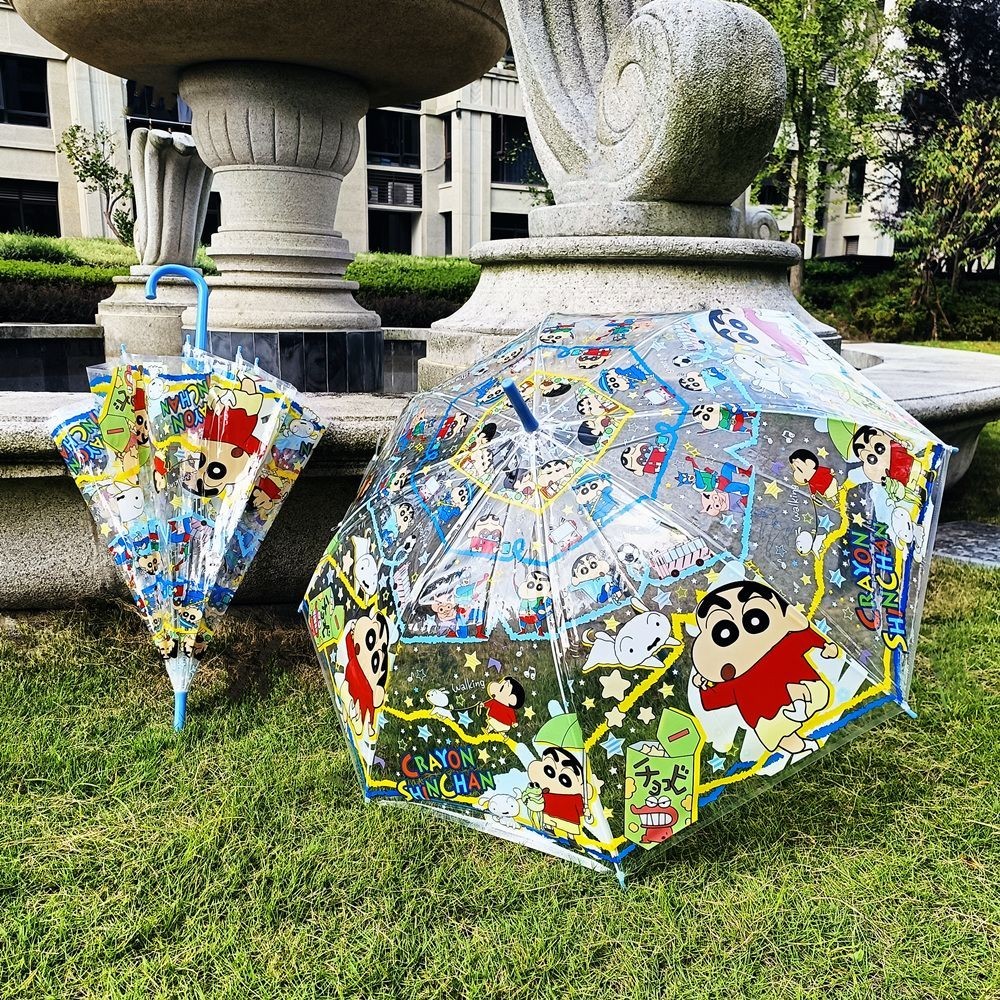 蠟筆小新兒童雨傘 透明雨傘 長柄日系皮卡丘艾莎美酷雨傘 兒童透明傘高顏值透明自動長柄拱形蘑菇傘