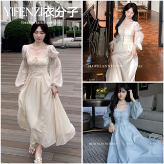 【YIFENZI衣分子】實拍 法式長裙氣質方領雪紡長袖仙氣連衣裙女早春時尚花邊領口綁帶設計 收腰顯瘦質感禮服裙連衣裙